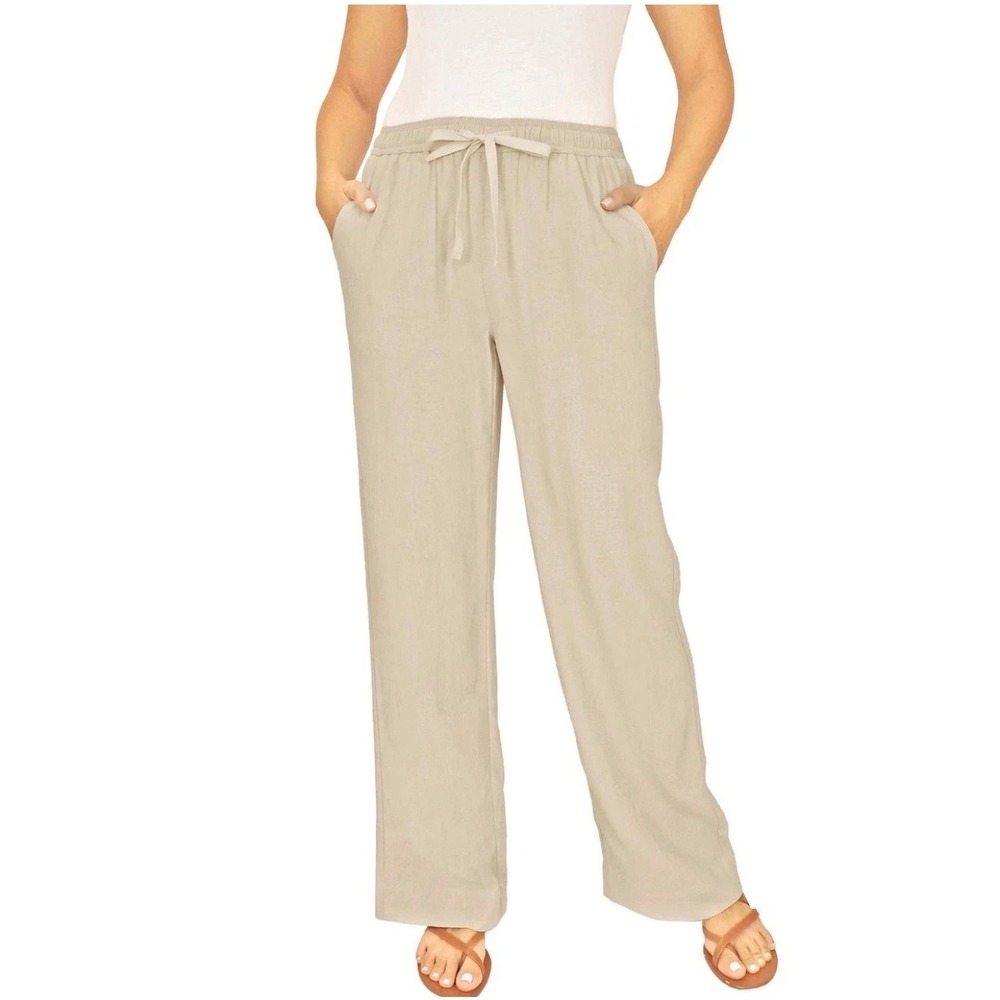 NWT Briggs Womens Tan Linen Blend Wide Leg Drawstring Pants •M• Coastal Boho